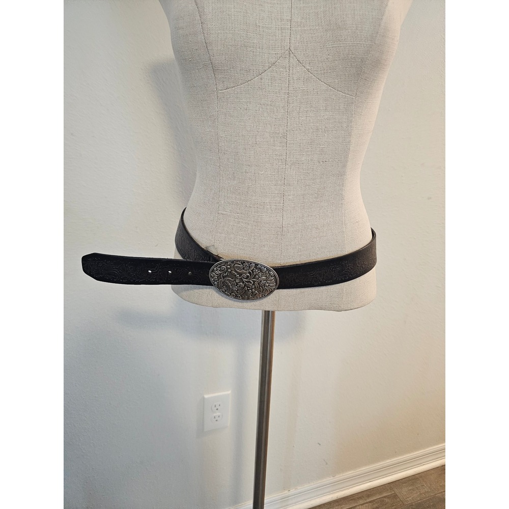 Fossil Medium Black Leather Tooled Floral Buckle Belt